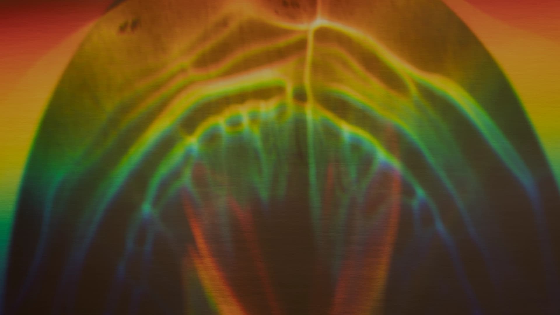 Ilustración digital abstracta. Una forma curva ocupa casi toda la composición y está atravesada por líneas luminosas que dibujan arcos, ramificaciones y trazos verticales semejantes a un espectro de luz. En la parte superior, varias líneas convergen en un punto central y se extienden hacia los lados; en el centro forman una sucesión de curvas y pequeñas formas ovaladas, mientras que en la zona inferior descienden en franjas alargadas que se desvanecen sobre un fondo oscuro.